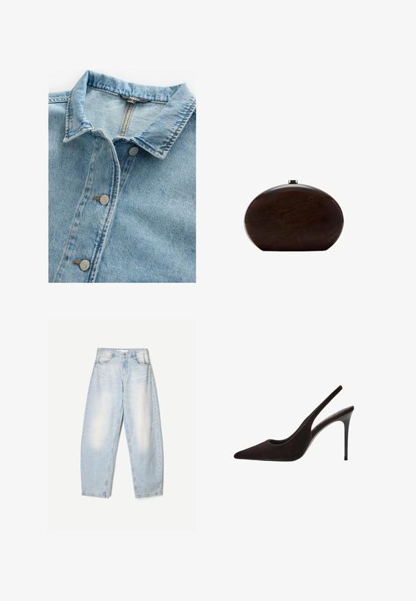 Chemise en denim bleu clair avec un col classique, deux boutons argentés et des coutures contrastées sur le plastron et les bords du col.; Haut blanc à manches longues avec un design épaules dénudées. Confectionné en tissu lisse, il présente des détails froncés sur les épaules et des manches ajustées.; Jean en denim bleu clair à coupe décontractée, avec une finition délavée, deux poches avant et une fermeture par bouton au niveau de la taille.; Chaussure à talon haut en daim marron avec un bout pointu, un design épuré, des côtés découpés et un talon aiguille mince.; Pochette rigide marron à la forme arrondie et à la texture lisse. Présente une fermeture à verrou en haut et un design minimaliste sans embellissements.