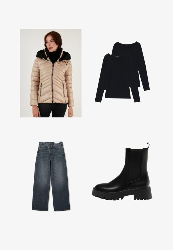 Bež jakna od pufanja s crnom kapuljačom, čevron uzorkom, džepovima sa zatvaračem i prednjim zatvaračem. Tekstura djeluje glatko i sjajno.; Dva crna majica dugih rukava od mekog, rebrastog materijala širokog okruglog izreza, s jednostavnim dizajnom i glatkom teksturom.; Tamno pranje traperice s širokim nogavicama, visokim strukom, pet džepova i suptilnim batikiranjem na prednjem dijelu.; Crne kožne gležnjače s teksturiranim bočnim panelom, okruglim vrhom i debelim platformom s uzorkom zupčanika.
