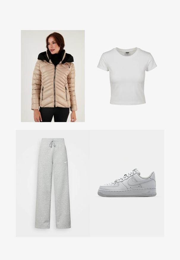 Beige puffer jacket with black hood, chevron quilting, zippered pockets, and front zipper closure. Texture appears smooth and glossy.; White cotton t-shirt with a classic crew neck, short sleeves, and a fitted shape. No patterns or accents visible.; Gray sweatpants with an elastic waistband, drawstring detail, and a small white Nike logo on the left thigh. Soft fabric, loose fitting.; White leather sneaker with a low-top design, round toe, perforated detailing, and a textured rubber sole. Features gray accents on the tongue.