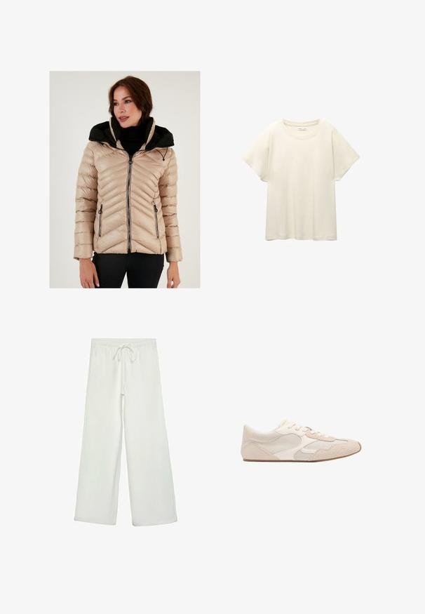 Bež jakna od pufanja s crnom kapuljačom, čevron uzorkom, džepovima sa zatvaračem i prednjim zatvaračem. Tekstura djeluje glatko i sjajno.; Svijetlo bež majica kratkih rukava s okruglim izrezom, izrađena od meke, glatke tkanine. Karakterizira je opušteni kroj i ravni rub.; Bijele hlače širokog kroja od mekog materijala. Imaju elastični pojas s vezicom i glatku teksturu. Nema vidljivih uzoraka ili metalnih dijelova.; Bež tenisica koja kombinira mrežaste i antilop materijale, sa zaobljenim vrhom, vezicama sprijeda i ravnim gumenim potplatom.