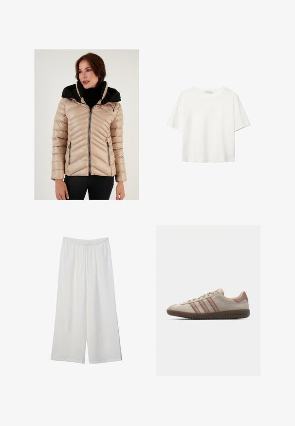 Beige pufferjakke med sort hætte, chevron-quilting, lynlåslommer og lynlåsfortil. Teksturen ser glat og blank ud.; Hvid kortærmet t-shirt lavet af bomuld. Har en rund halsudskæring og en afslappet pasform. Glat tekstur uden synlige mønstre eller detaljer.; Hvide vidde bukser lavet af letvægtsstof, med en elastisk talje og snøre for justerbar pasform. Glat tekstur.; Beige ruskindsneaker med pink accenter, der har tre overlappende striber, en tekstureret tåspids og en gummisål med riller.