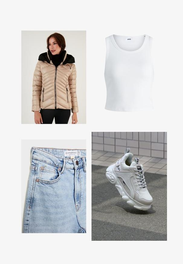 Beżowa kurtka puchowa z czarnym kapturem, pikowaniem w zygzak, zamykanymi kieszeniami i zapięciem na zamek z przodu. Tekstura wydaje się gładka i błyszcząca.; Biały prążkowany top na ramiączkach z okrągłym dekoltem, bez rękawów i skróconej długości. Metka z napisem "JJXX." Gładka faktura materiału.; Jasnoniebieskie dżinsy o wysokim stanie, z pięcioma kieszeniami, miedziowanymi detalami i subtelnym wyblaknięciem, z metką na pasku.; Białe trampki wykonane z siateczki i skóry, z zaokrąglonym noskiem, grubą podeszwą, wyraźnymi sznurowadłami oraz logotypem na pięcie i języku.