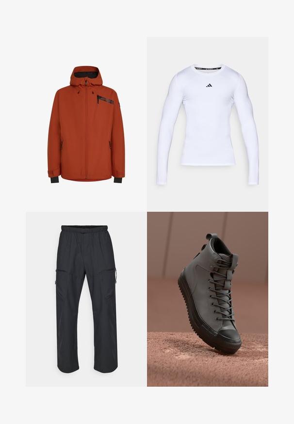 Oranžová nepremokavá bunda s plným zipsom, nastaviteľnou kapucňou a čiernymi detailmi. Obsahuje dve vrecká na zips a elastické manžety.; Biele športové tričko s dlhým rukávom vyrobené z elastickej tkaniny, s okrúhlym výstrihom a čiernym logom Adidas na hrudi.; Čierne cargo nohavice so elastickým pásom, dvoma zipsovými vreckami a ľahkou, hladkou textúrou látky.; Vysoké tenisky z šedej kože s textúrovaným povrchom, čiernym gumeným špičkou a šedými šnúrkami. Obsahujú úchytku na päte.