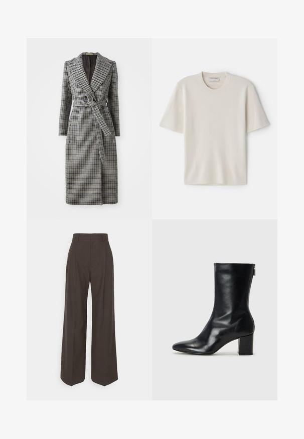 Long, double-breasted coat in a blue and brown houndstooth pattern, with a belt at the waist, lapel collar, and long sleeves.; Cream short-sleeve t-shirt with a round neckline, made from soft material, featuring a straight cut and minimal detailing.; Dark brown wide-leg trousers with a high waist, featuring neatly pressed creases, smooth texture, and a tailored fit.; Black leather ankle boot with a pointed toe and 4 cm block heel. Sleek design features a side zipper for easy wear. Smooth texture.