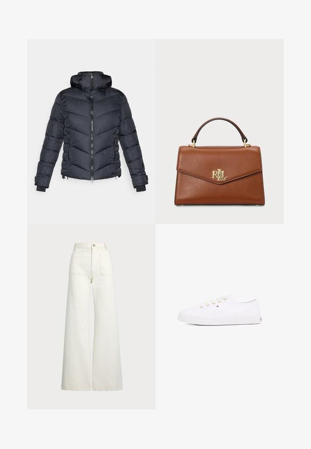 Černá prošívaná bunda s vysokým límcem, předním zipem, vzorem ve tvaru šipky a elastickými manžetami. Součástí jsou boční kapsy na zip.; Modrá a bílá pruhovaná košile na knoflíky s límečkem, na hrudi s malým vyšívaným logem a s manžetami na knoflíky. Měkká textilie.; Džíny s širokými nohavicemi v off-white denim. Vysoký pas s knoflíkovým zapínáním, dvě přední kapsy a detaily kontrastního šití.; Bílé plátěné tenisky s zlatými očka, plochými tkaničkami, texturovanou gumovou podrážkou a minimálním brandingem na boku. Nízko profilový design.; Hnědá kožená kabelka se strukturovaným designem, horním uchopovacím madlem, zlatými kovovými prvky a akcentem loga na přední straně. Hladká textura.
