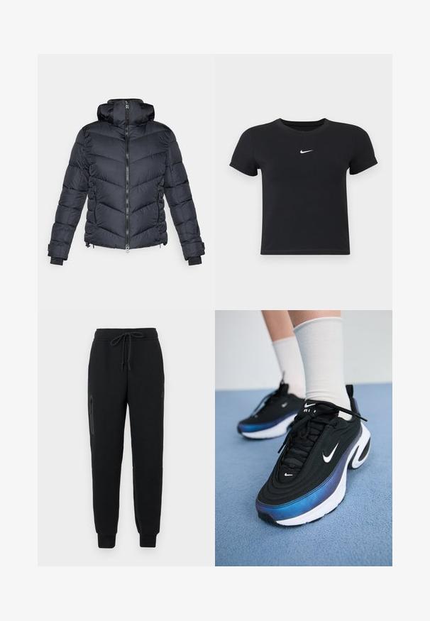 Musta paksu toppatakki korkealla kauluksella, vetoketjulla edessä, sahalaitomaisella tikillä ja joustavilla hihansuiden resoreilla. Sivussa vetoketjulliset taskut.; Mustat lyhyet hihattomat t-paidat, jotka on valmistettu puuvillasta ja joissa on pyöreä pääntie. Sisältää valkoisen Nike-logon rinnassa, yksinkertainen muotoilu ja kapea leikkaus.; Mustat collegehousut, joissa on nauhavyötärö, vetoketjullinen sivutasku ja kavennetut hihnat. Valmistettu pehmeästä, teksturoidusta kankaasta.; Mustat Nike-tennarit, joissa on sileä kangaspinta, gradientti sinisestä mustaan -design, valkoinen pohja ja erottuvat logokatkaisijat.
