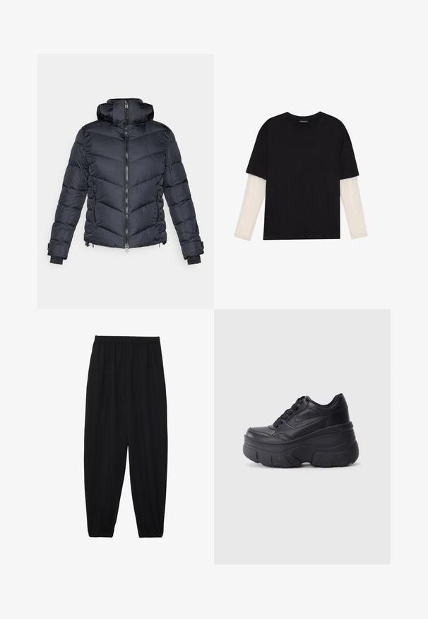 Czarna puchowa kurtka z wysokim kołnierzem, zapinana na zamek z przodu, z przeszyciami w kształcie jodełki i elastycznymi mankietami. Zawiera boczne kieszenie na zamek.; Czarny T-shirt wykonany z bawełny, z krótkimi rękawami na białej warstwie z długim rękawem z delikatnym teksturowanym wzorem. Projekt z okrągłym dekoltem.; Czarne, lekkie spodnie z elastycznym pasem i ściągaczami na kostkach. Materiał jest gładki i ma luźny, zwężany krój.; Czarne sznurowane trampki z masywną podeszwą, z gładkim skórzanym wierzchem, zaokrąglonym noskiem i wyraźnym, warstwowym designem platformy.