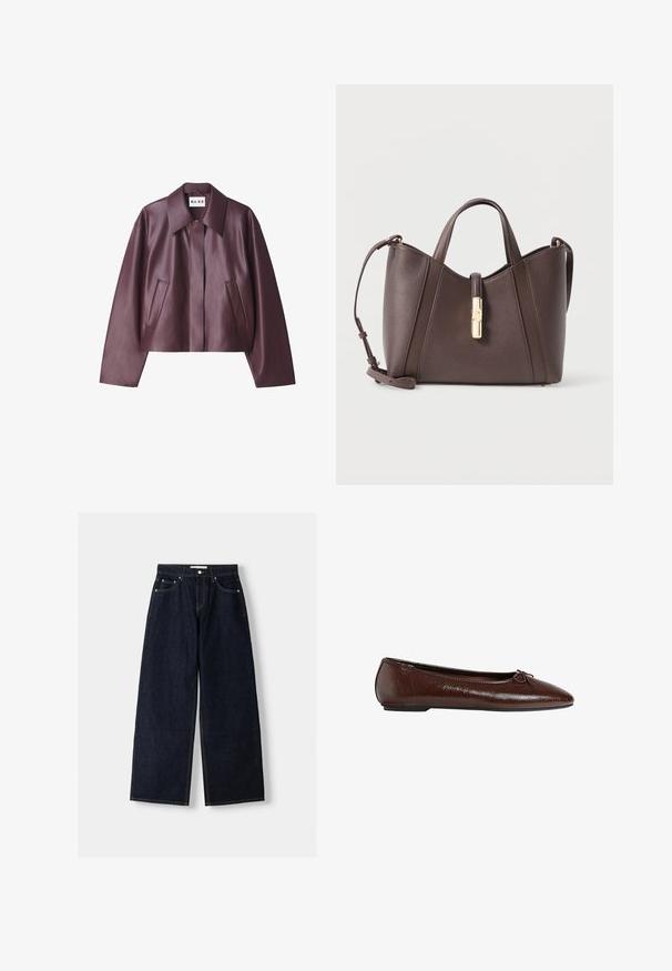 NA-KD - Kurtka ze skóry ekologicznej; Ciemnobrązowy sweter z dzianiny z okrągłym dekoltem, długimi rękawami oraz ściągaczami u mankietów i na dole. Miękka tekstura z luźnym krojem.; Granatowe dżinsy z szerokimi nogawkami i wysokim stanem, pięć kieszeni, kontrastowe szwy i srebrne metalowe akcesoria. Gładka tekstura i czyste wykończenie.; Brązowe skórzane baleriny o gładkiej fakturze, z ostro zakończonym noskiem i zdobieniem w postaci kokardy z przodu, z niską czarną gumową podeszwą.; Brązowa skórzana torebka o usztywnionej konstrukcji, z podwójnymi krótkimi uchwytami i odpinanym paskiem na ramię. Posiada złotą klamrę jako ozdobny element.