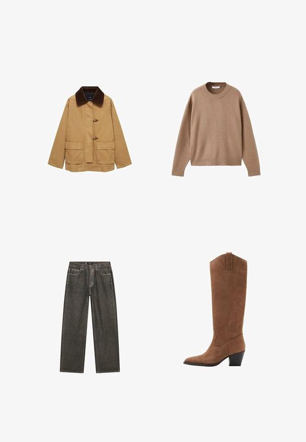 Mango Korte frakker - brown; Blød beige langærmet crewneck sweater med ribbede manchetter, kant og krave, præsenteret fladt på en hvid baggrund.; Mørkegrå brede denimjeans med klassisk fem-lomme-design, kraftig syning og lynlås med knaplukning.; Brune ruskinds knæhøje støvler med spids tå, skrå hæl og dekorativ syning på skaftet. Glat tekstur og tilspidset design.