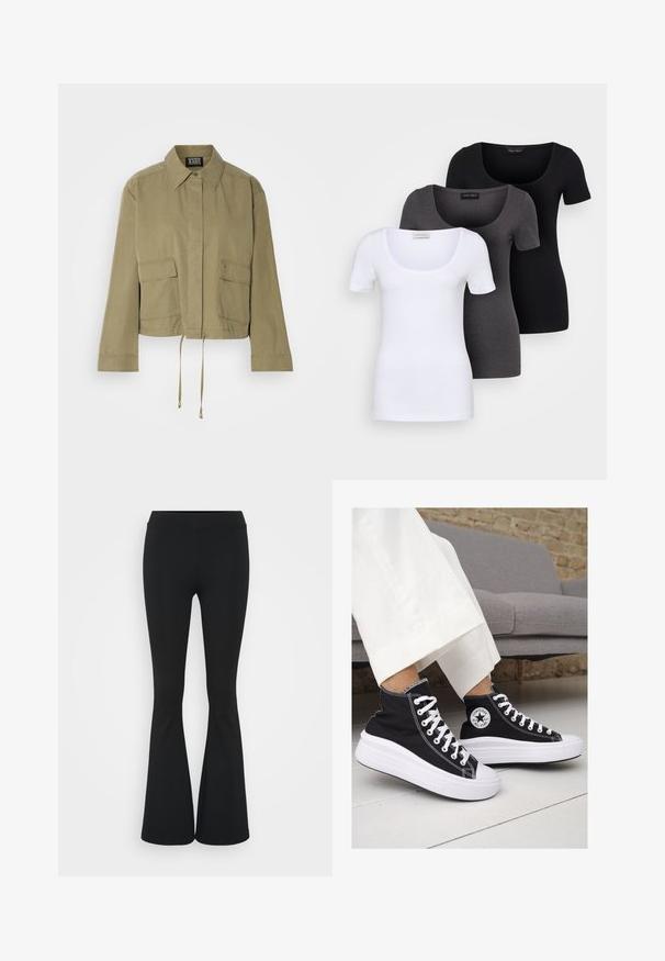 Jachetă bej cu mâneci scurte din bumbac, cu guler, două buzunare frontale, tiv cu șnur și un design curat, minimalist.; Trei tricouri ajustate, în alb, gri și negru. Fiecare are un decolteu larg în formă de cerc și mâneci scurte. Fabricate dintr-un material neted și elastic.; Pantaloni negrii evazați dintr-un material elastic, având un talie înaltă și o textură netedă. Pantalonii se lărgesc de la genunchi.; Sneakers negre înalte din pânză, cu tălpi și șireturi albe din cauciuc. Prezintă un logo circular pe lateral și cusături albe în contrast.