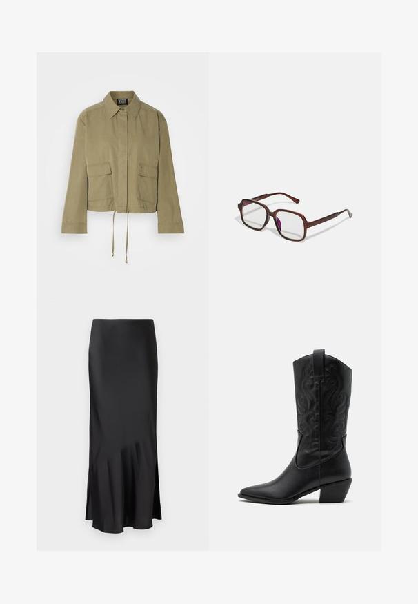 Krátka khaki bunda s krátkym rukávom vyrobená z bavlny, s golierom, dvomi prednými vreckami, sťahovacím spodným lemom a čistým, minimalistickým dizajnom.; Biely bavlnený tielko s širokým výstrihom a tenkými ramienkami. Hladká textúra bez viditeľných vzorov alebo ozdôb.; Čierna saténová midi sukňa s elegantným dizajnom, so slabým rozšírením na okraji a bočným rozparkom pre pohodlie pri pohybe. Hladká textúra.; Čierna kožená kovbojská čižma s špicatou špičkou, embosovanými vírivými vzormi a stredne vysokým opätkom. Obsahuje pútko pre jednoduché obúvanie.; Hnedé, obdĺžnikové dioptrické okuliare s priehľadnými šošovkami a fialovými odtieňmi. Hladký plastový rám so zásadnými nožičkami a jemnými akcentmi.