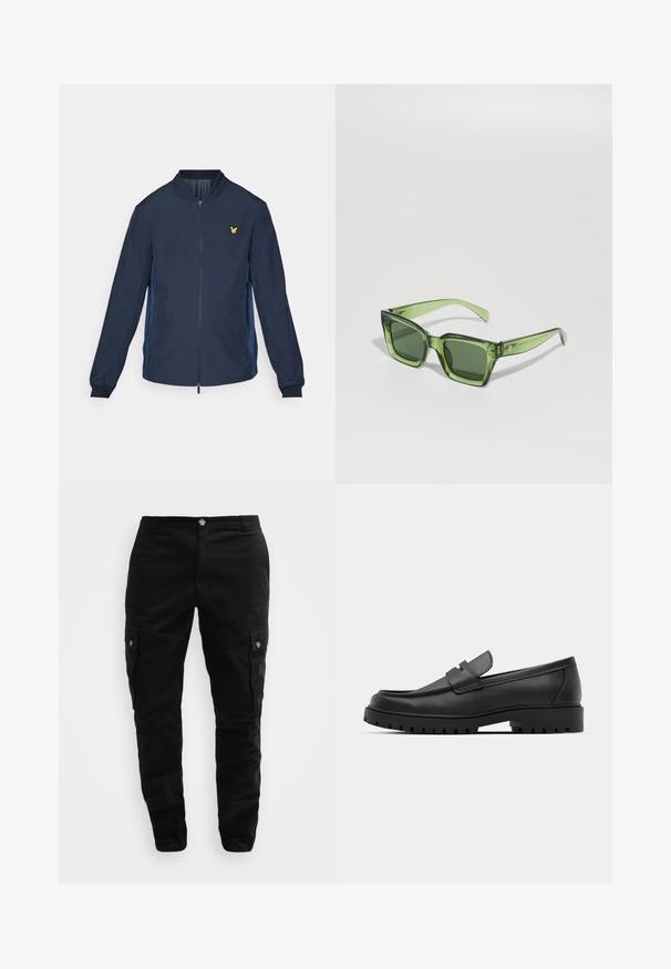 Tumesinine pommitaja jakk, millel on lukuga esikülg, külgedel sinised paneelid, soonikkoes mansetid ja rinnal väike kuldne kotka logo. Kerge materjal.; Musta kõrge kaelusega kampsun, mis on valmistatud pehmest kudumist materjalist. Omab pikki varrukaid, soonikpitsiga kaela- ja alumist äärt. Lihtne ja sujuv disain ilma mustriteta.; Mustad must kaherid, mis on valmistatud vastupidavast kangast, küljetaskutega, nööbiga ja kitsast lõikest. Sile tekstuur minimaalse detailidega.; Mustad musta nahast loafers, millel on ümar varvas, tikandiga disain, madal platvorm-soon ja tekstureeritud, soonikkummist välistald.; Roheline ristkülikukujuline päikeseprillide mudeel, millel on tumedad lense, paksud selged raamid ja kerge läikiv viimistlus. Rõhutavad detailid tempelitel.