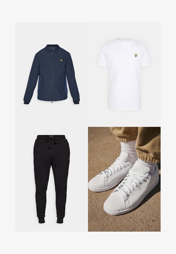 Námořnická bomber bunda s předním zipem, bočními modrými panely, žebrovanými manžetami a malým zlatým orlím logem na hrudi. Lehký materiál.; Bílý bavlněný tričko s malým černým a žlutým vyšitým logem na levé hrudi. Krátké rukávy a kulatý výstřih.; Černé bavlněné jogger kalhoty s elastickým pasem, šňůrkou na stažení a žebrovanými manžetami. Obsahují malé žluté logo na levém stehně.; Bílé kožené tenisky s hladkým povrchem, které mají klasický design na šněrování, perforace pro prodyšnost a jemně strukturovanou gumovou podrážku.