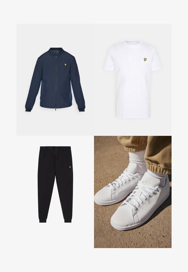 Veste de bombardier marine avec fermeture éclair à l'avant, panneaux latéraux bleus, poignets côtelés et un petit logo d'aigle doré sur la poitrine. Matériau léger.; T-shirt en coton blanc arborant un petit logo brodé noir et jaune sur la poitrine gauche. Manches courtes et col rond.; Pantalon de jogging noir avec taille élastique et cordon de serrage, jambes fuselées avec poignets, et petit logo jaune brodé sur la cuisse droite.; Baskets en cuir blanc avec une surface lisse, présentant un design classique à lacets, des perforations pour la respirabilité et une semelle extérieure en caoutchouc texturé.