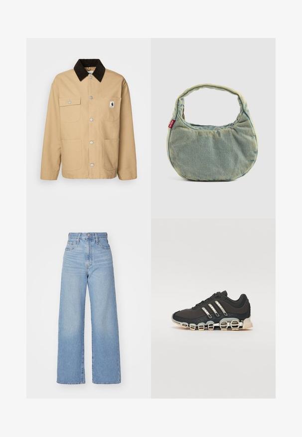 Carhartt WIP MICHIGAN - Casaco de verão - dusty brown/tobacco rinsed; T-shirt de algodão branco com um gráfico preto de um basset hound e o texto "TEVE UM DIA DIFÍCIL? ESTOU TODO OUVIDOS!" em letras em negrito. Mangas curtas.; Jeans de cintura alta e perna larga em azul claro, com fecho frontal de botão e zíper, bolsos frontais e traseiros, sobre um fundo branco.; Shoe desportivo preto com um upper texturizado, três riscas prateadas e uma sola de amortecimento distinta, apresentando múltiplas secções integradas.; Bolsa de denim azul clara com alça curta acolchoada e pequeno rótulo vermelho da Levi's na lateral, sobre um fundo plain.