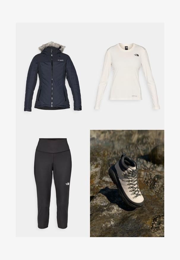 Marineblaue isolierte Jacke mit einer gefütterten Kapuze aus Fell, ausgestattet mit einem Reißverschluss auf der Vorderseite, zwei Seitentaschen und einem Zickzackmuster auf dem Stoff.; The North Face SHADOW LONG SLEEVE - Langarmshirt - white dune; Schwarze Capri-Leggings aus dehnbarem Stoff mit einem hohen Bund und einem kleinen weißen Logo auf der linken Seite. Glatte Textur.; Hellbeige Wanderschuhe mit einer schwarzen Gummisohle, flexiblem Obermaterial, Metallösen und grauen Schnürsenkeln, platziert auf einer felsigen Oberfläche.