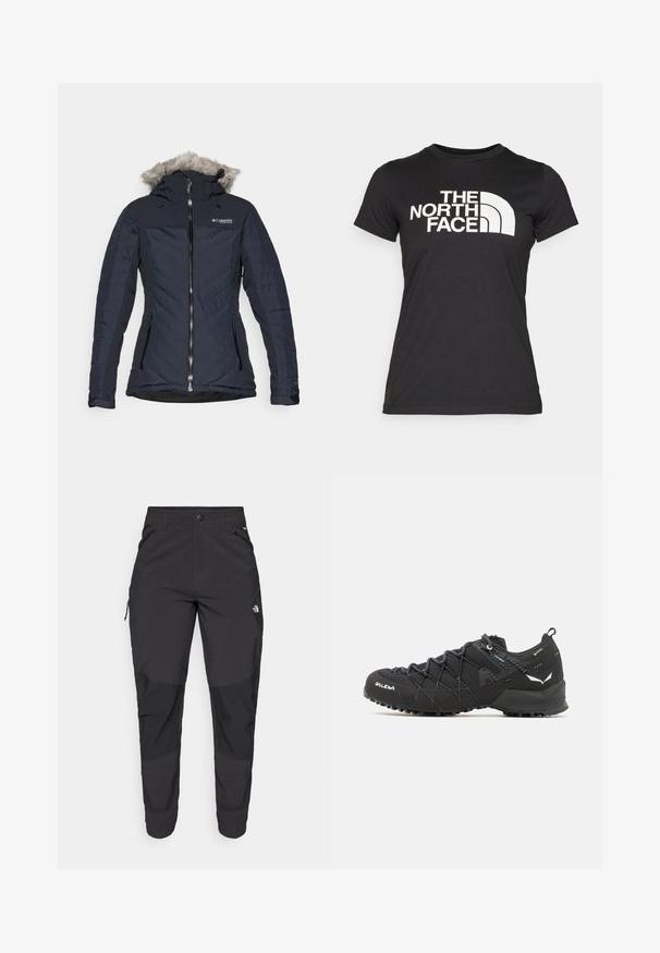 Navy blue insulated jacket with a fur-lined hood, featuring a front zipper, two side pockets, and a chevron pattern on the fabric.; Black T-shirt made of cotton with short sleeves. Features a large white logo text and curved graphic on the front. Smooth texture.; Black outdoor pants made of durable fabric. Feature zippered pockets, reinforced knee panels, and a straight cut design for mobility.; Black hiking shoes with a textured fabric upper, lacing system, and rugged rubber sole. Accented with reflective details and logos.