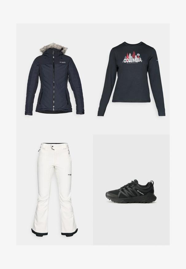 Casaco isolado azul-marinho com capuz forrado a pele, apresentando um fecho frontal, dois bolsos laterais e um padrão em chevron no tecido.; Camisa de mangas longas cinza escuro com um gráfico de árvores vermelhas e montanhas; logótipo "COLUMBIA" em texto branco em negrito. Tecido suave, cuello redondo padrão.; Calças de esqui brancas feitas de um material suave e flexível. Apresenta uma cintura ajustada, pernas largas e evasê, e um acabamento preto nas bainhas. Logotipo da marca visível.; Columbia PEAKFREAK - Sapatos de caminhada - black