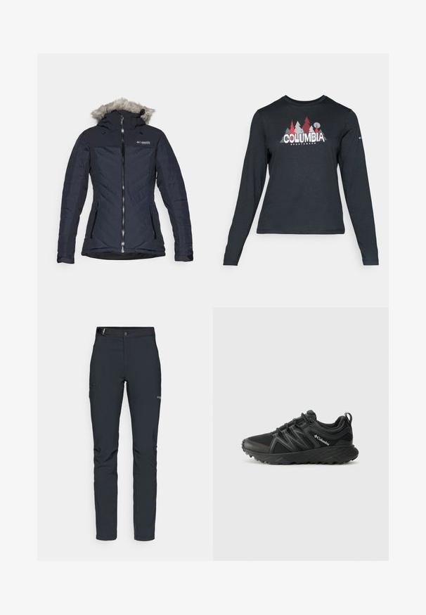 Námornícky modrá zateplená bunda s kapucňou s kožušinovým lemom, má predný zips, dve bočné vrecká a vzor v tvare šípok na látke.; Dlhý rukáv, tmavošedá košeľa s grafikou červených stromov a hôr; logo "COLUMBIA" v tučnom bielom texte. Mäkká tkanina, štandardný okrúhly výstrih.; Pánske outdoorové nohavice, tmavo šedé, vyrobené z flexibilného materiálu, s opaskom, so zipsovými vreckami a vystuženým šitím.; Columbia PEAKFREAK - Turistické topánky - black