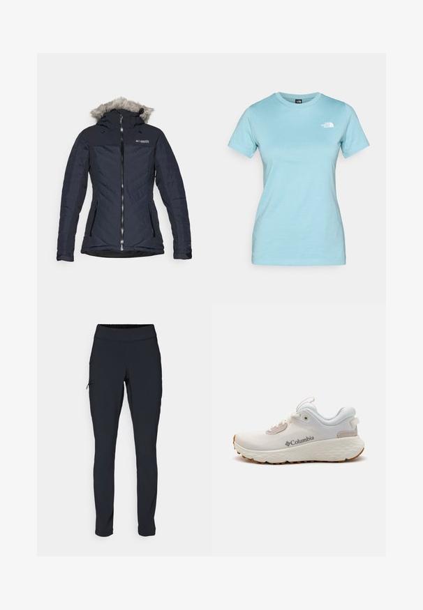 Tumesinine soojustatud jakk, millel on karvane kapuuts, esifliis, kaks küljetaskut ja kangal kallakmuster.; Taevasinine puuvillane t-särk lühikeste varrukatega ja ümar kaelus; esiküljel vasaku rinna kohal väike valge logo.; Mustad mustad sportpüksid kitsaste lõikega, elastse vöökoha ja küljetaskuga, millel on tõmblukk. Sile, veniv kangas minimaalsete õmblustega.; Kerged Columbia spordijalanõud valgest võrgust, millel on tekstureeritud hall tall ja kummist haardepind. Omaduseks on polsterdatud krae ja nööridega kinnitussüsteem.