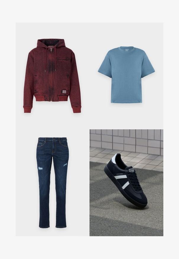 Röd zip-up hoodie med en texturerad finish, ribbade ärmmuddar och fåll, justerbar dragsko och en bröstficka. Har ett varumärkesskylt på sidan.; Blå kortärmad t-shirt, gjord av bomull, med rund hals och en avslappnad passform. Slät yta, minimalistisk design, inga mönster eller accenter.; Mörkblå denimjeans med rak skärning, som har slitna revor vid knäna, traditionella fickor och synlig kontrasterande söm.; Svart lädersneaker med vita ränder, texturerad gummisul, och snörning fram. Har en märkesskylt på tungan.