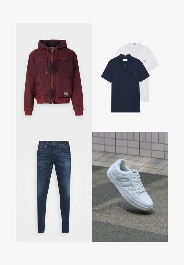 Punainen vetoketjullinen huppari, jossa on teksturoitu pinta, ribbikuvioidut hihansuut ja helma, säädettävä nauha, ja rintatasku. Sivun brändilistaus.; Kaksi polo-paitaa: yksi tummansininen ja yksi valkoinen, molemmissa pieni punainen, valkoinen ja sininen yksityiskohta rintataskussa ja kauluksessa.; Tummansiniset farkut, joissa on slim fit -leikkaus, hienovarainen haalistuma, viisi taskua ja metallinen napitus. Kontrastiväriset ompeleet.; Valkoiset urheilukengät, joissa on sileä nahkapinta, nauhakiinnitys edessä, rei'itetty kärki ja kuvioitu pohja. Minimalistinen muotoilu, jossa on kolme sivuraitaa.