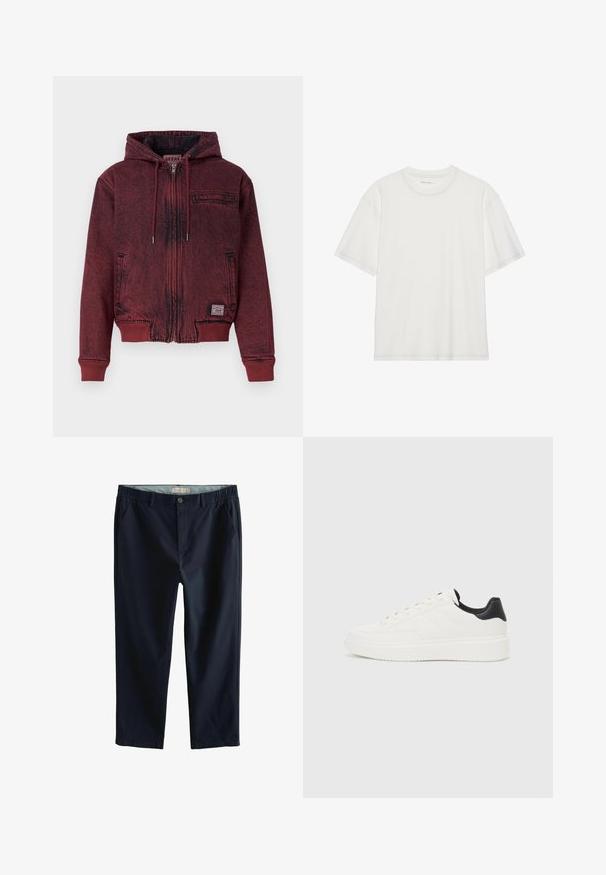 Červená mikina s rozopínaním a textúrovaným povrchom, rebrované manžety a spodný lem, nastaviteľná šnúrka a vrecko na hrudi. Obsahuje značkovú nálepku na boku.; Biela bavlnená tričko s krátkymi rukávmi, okrúhlym výstrihom a kontrastným prešitím okolo výstrihu a rukávov.; Námorníckomodré voľnočasové nohavice s elastickým pásom, prednými vreckami a hladkou textúrou. Obsahujú malú logovú nášivku v blízkosti pásu.; Biele kožené tenisky s embosovaným vzorom, štruktúrovanou bielou medzipodrážkou a čiernym akcentom na päte. Majú zaoblenú špičku a ploché šnúrky.