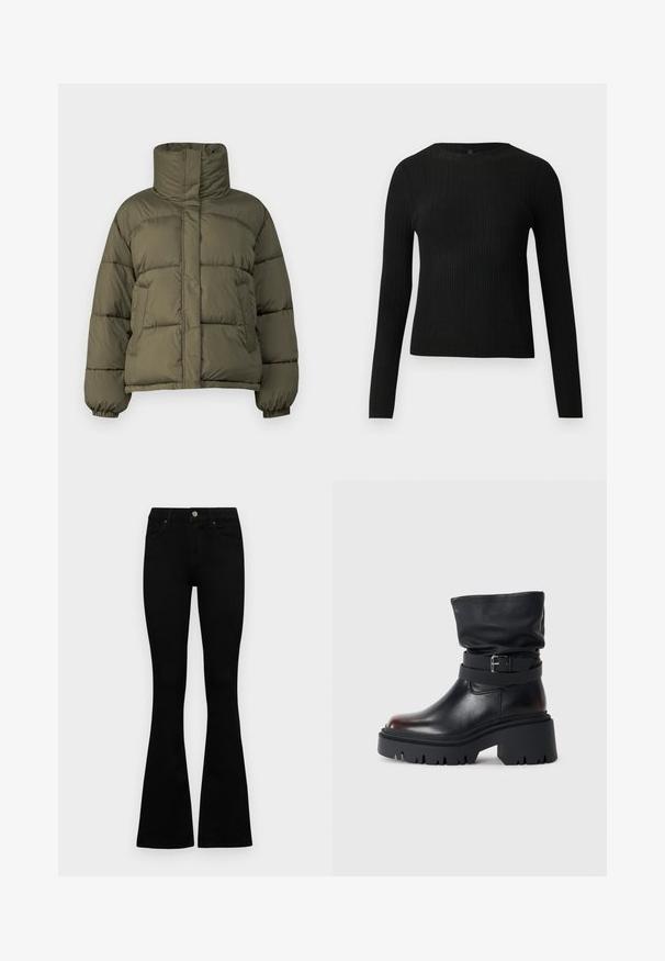 Olivovo zelená prešívaná bunda s vysokým golierom, prešívaným vzorom, elastickými manžetami a voľným strihom. Obsahuje bočné vrecká a hladkú textúru.; Čierny rebrovaný pulóver s dlhým rukávom, priliehajúci, s okrúhlym výstrihom, vystavený na jednoduchom svetlom pozadí.; Čierne vysoké nohavice s gombíkom a zipsom, predné vrecká a rozšírené nohavice položené na bielom pozadí.; Čierne kožené členkové čižmy s voľnou hornou časťou, detailom s prackou a hrubou, robustnou podrážkou. Majú okrúhlu špičku a hladkú textúru.