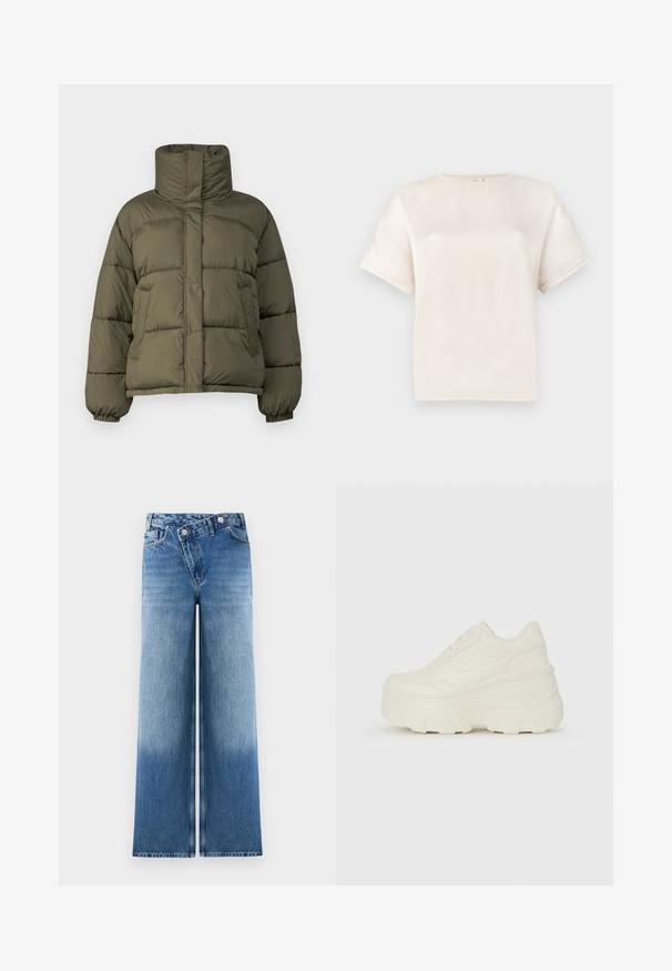 Oliwkowa puchowa kurtka z wysokim kołnierzem, pikowanym wzorem, elastycznymi mankietami i luźnym krojem. Posiada boczne kieszenie i gładką fakturę.; T-shirt z krótkim rękawem typu crewneck w kolorze off-white, wykonany z gładkiego materiału, o luźnym fasonie i minimalnych detalach szwów na rękawach.; Jasnoniebieskie dżinsy o szerokich nogawkach z wybledzonym wykończeniem, z klasycznym pięciop pocketsowym wzorem i metalowymi guzikami w talii.; Białe sneakersy na platformie z gładkim, skórzano przypominającym wierzchem, zaokrąglonym kształtem, wyściełanym kołnierzem oraz teksturowaną gumową podeszwą z wyraźnym bieżnikiem.