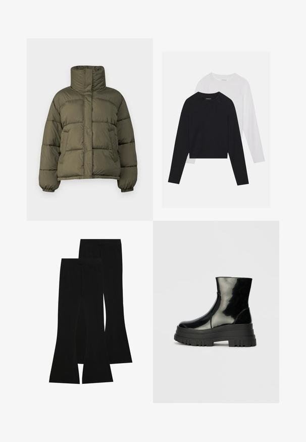 Oliivroheline puffer-jakk kõrge kaelusega, tikkimisega disain, elastsed mansetid ja mugav lõige. Omab külgtaskuid ja sileda tekstuuri.; Kaks pikade varrukatega särki: üks must ja teine valge. Mõlemal on ümar kaelus, raglanvarrukad ja pehme puuvillasegu kangas.; Mustad klombid, mis on valmistatud venivast kangast, kõrge vöökoht ja siledat tekstuuri, sobiva disainiga, mis laienevad põlve kõrguselt.; Must mustakate läikiv ankle boot paksu lõkkeka üle ja ümarate varvastega, külgvaates halli ühtlase taustal.