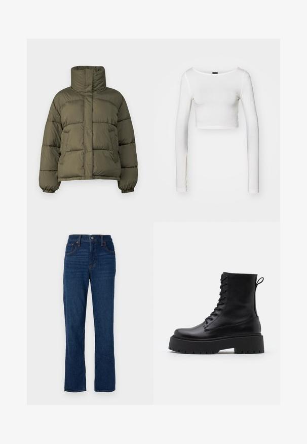 Giacca puffer verde oliva con colletto alto, design trapuntato, polsini elasticizzati e vestibilità rilassata. Presenta tasche laterali e texture liscia.; Gina Tricot SOFT TOUCH CROPPED TOP - Maglietta a manica lunga - pristine; Jeans in denim blu scuro a gamba dritta con design a cinque tasche, cuciture arancioni e chiusura con bottone in vita.; Stivaletti in pelle nera alla caviglia con punta rotonda, lace-up frontale e suola in gomma spessa con battistrada textured. Tassello sul retro.