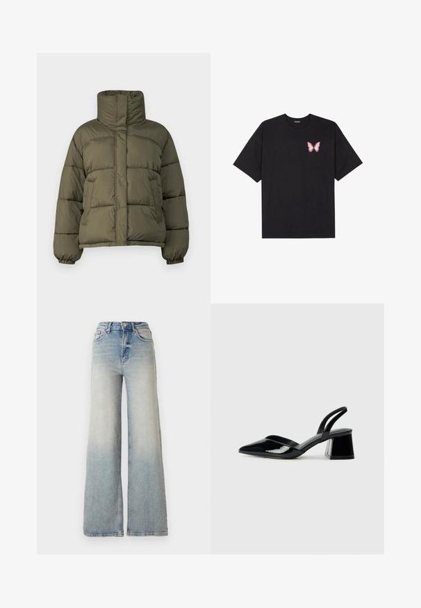 Olive green puffer jacket with a high neck, quilted design, elastic cuffs, and a relaxed fit. Features side pockets and smooth texture.; Black cotton t-shirt with short sleeves, featuring a small pink butterfly graphic on the left chest. Crew neck design with a relaxed fit.; Light blue wide-leg jeans made of denim, featuring a high waist, five pockets, and visible stitching along the seams.; Black patent leather slingback heels with a pointed toe and a geometric block heel. Features a sleek, minimal design and smooth texture.