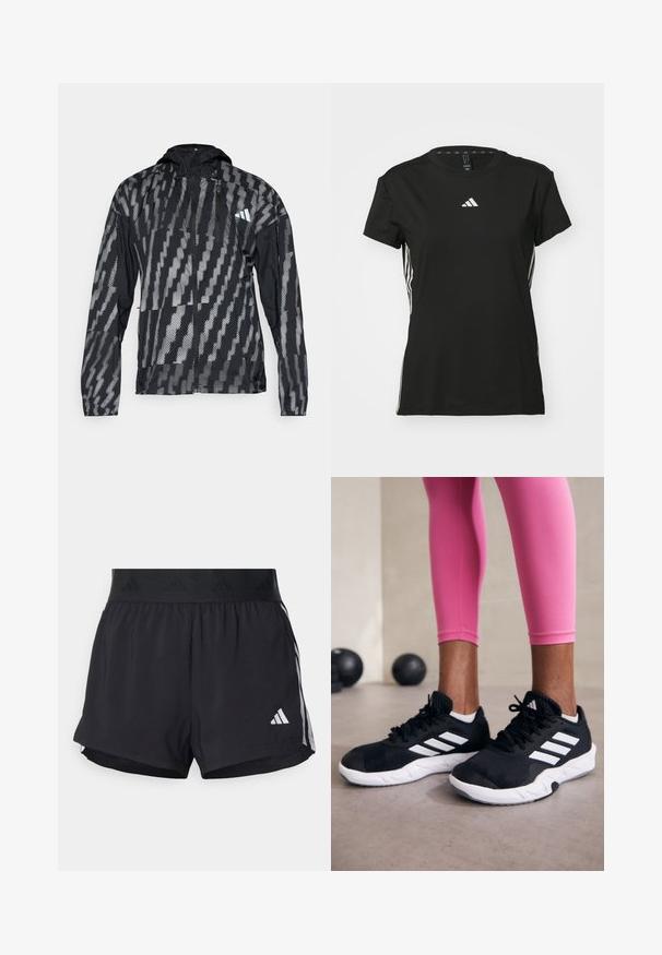 Black and gray lightweight jacket with a hood, featuring a geometric pattern, zip front, and elastic cuffs. Designed for outdoor use.; Black athletic t-shirt with short sleeves, made of synthetic material. Features a small white logo on the chest and white stripes on the sides.; Black athletic shorts with an elastic waistband, featuring a textured band, side stripes, and a white Adidas logo on the lower hem.; Black athletic shoes with white stripes, textured mesh upper, and a white sole. Worn with pink leggings, showcasing training apparel.