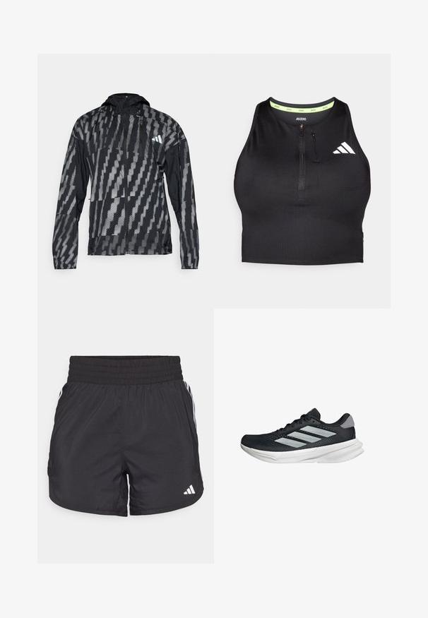 Chaqueta ligera en negro y gris con capucha, que presenta un patrón geométrico, cierre de cremallera y puños elásticos. Diseñada para su uso al aire libre.; Top corto atlético negro con cremallera en la parte delantera, hecho de una tela suave. Presenta un interior del cuello verde y un logo blanco en el costado.; Pantalones cortos deportivos negros con cintura elástica, bolsillos laterales y detalles de rayas blancas en los lados. Hechos de un material ligero.; Zapatilla de correr negra con parte superior de malla, tres franjas plateadas, media suela blanca y suela texturizada. Incluye un cuello acolchado y cierre de cordones.