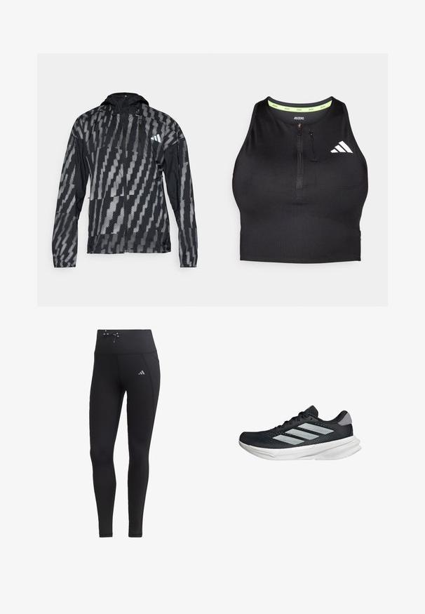 Black and gray lightweight jacket with a hood, featuring a geometric pattern, zip front, and elastic cuffs. Designed for outdoor use.; Black athletic crop top with a zipper at the front, made from smooth fabric. Features a green inner neckline and a white logo on the side.; Black leggings with high waistband, drawstring detail, and side pockets. Made from smooth fabric with reflective logo accent.; Black running shoe with mesh upper, three silver stripes, white midsole, and textured outsole. Features padded collar and lace closure.