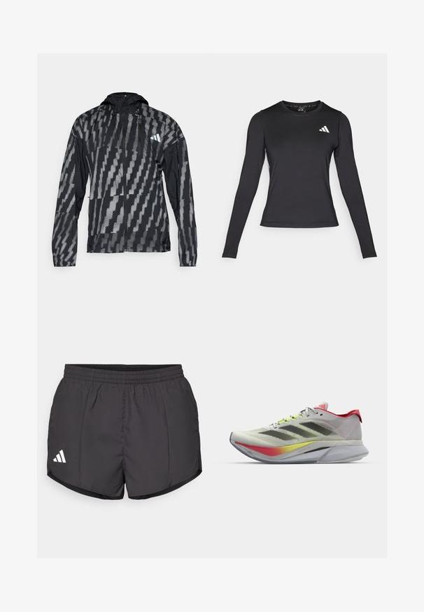 Black and gray lightweight jacket with a hood, featuring a geometric pattern, zip front, and elastic cuffs. Designed for outdoor use.; Black long-sleeve athletic shirt made of smooth, stretchy material. Features a white logo on the chest. Fitted design with round neckline.; Black athletic shorts made of lightweight fabric, featuring an elastic waistband and a white Adidas logo on the lower left side.; Lightweight running shoes in light gray with a red accent; features a breathable mesh upper, black stripes, and a colorful gradient sole.