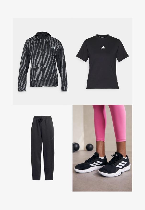 Fekete és szürke könnyű dzseki kapucnival, geometrikus mintával, cipzáros elülső résszel és rugalmas mandzsettákkal. Külső használatra tervezve.; Fekete, rövid ujjú póló puha anyagból. Fehér Adidas logóval és kontrasztos fehér csíkokkal az oldalin.; Fekete melegítőnadrág, puha anyagból készült, rugalmas derékrésszel, húzózsinórral, egyenes lábakkal és egy diszkrét logóval a combon.; Fekete sportcipők fehér csíkokkal, texturált hálós felsőrésszel és fehér talppal. Rózsaszín leggings-szel viselve, bemutatva az edzőruhákat.