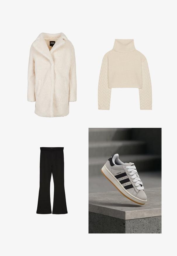 Pūkuotas kreminės spalvos didelis paltas su šalikine apykakle, dviem šoninėmis kišenėmis ir minkšta tekstūra. Paprastas dizainas be matomų užsegimų ar puošmenų.; Kremo spalvos trumpas megztinis su aukštu kaklu, tekstūruoto mezgimo kūnu ir žuvies kaulų rašto rankovėmis. Pagamintas iš švelnios siūlų medžiagos.; Juodos flared tipo legginsai, pagaminti iš tamprios medžiagos. Yra platus juosmuo ir lygus paviršius, su prie kūno priglundančiu siluetu, kuris pločiasi ties apatine dalimi.; Pilka Adidas Campus sportinio batelio su juodomis juostelėmis ir baltais batraiščiais, plūduriuojančio virš betoninės pakylos su laiptais fone.