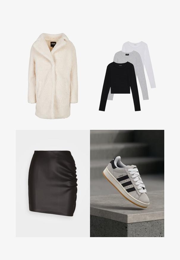 Pufasti krema oversized kaput s ogrlicom, dva bočna džepa i mekanim teksturom. Jednostavan dizajn bez vidljivih zatvarača ili ukrasa.; Tri dugih rukava posložena: crna, siva i bijela. Svaka ima okrugli izrez i skrateni kroj s glatkom, laganom tkaninom.; Crna mini suknja izrađena od glatkog sintetičkog materijala, s naboranim detaljima s jedne strane i uskim krojem.; Siva Adidas Campus tenisica s crnim prugama i bijelim vezicama lebdi iznad betonskog ruba s ljestvama u pozadini.