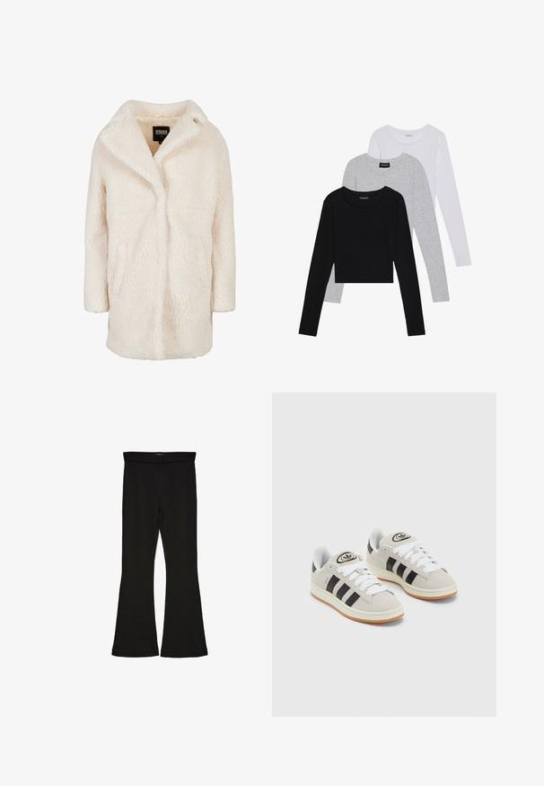 Pūkuotas kreminės spalvos didelis paltas su šalikine apykakle, dviem šoninėmis kišenėmis ir minkšta tekstūra. Paprastas dizainas be matomų užsegimų ar puošmenų.; Trijų ilgomis rankovėmis marškinėlių krūva: juodas, pilkas ir baltas. Kiekvienas turi apvalų iškirpimą ir trumpą dizainą, pagamintas iš lygaus, lengvo audinio.; Juodos flared tipo legginsai, pagaminti iš tamprios medžiagos. Yra platus juosmuo ir lygus paviršius, su prie kūno priglundančiu siluetu, kuris pločiasi ties apatine dalimi.; Grynos zomšos sneakeriai su baltais raišteliais, juodomis juostelėmis ir balta gumine sole. Turintys apskritą logotipą ant liežuvėlio ir guminę sole.