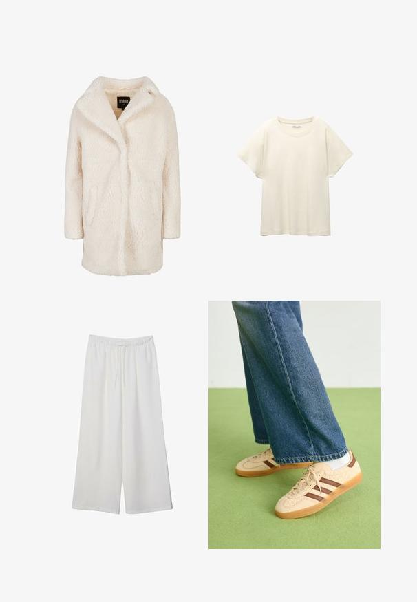 Chlpatý krémový oversize kabát s šálovým golierom, dvoma bočnými vreckami a mäkkou textúrou. Jednoduchý dizajn bez viditeľných uzáverov alebo ozdôb.; Svetlo béžové tričko s krátkym rukávom a okrúhlym výstrihom, vyrobené z jemnej, hladkej tkaniny. Má voľný strih a rovný lem.; Biele široké nohavice z ľahkého materiálu s elastickým pásom a šnúrkou na nastavenie veľkosti. Hladká textúra.; Béžové tenisky s textúrovanými krémovými panelmi a hnedými pruhmi, skombinované s modrými džínsami. Džínsy majú široké nohavice a roztrhnutý lem.