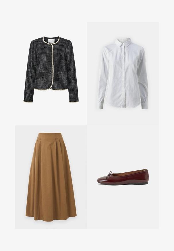 Μαύρο και άσπρο σακάκι από tweed με στρογγυλή λαιμόκοψη, πλεχτή επένδυση και δύο μπροστινές τσέπες. Διαθέτει υφή σε όλη την επιφάνεια.; Λευκή πουκαμίσα με κουμπιά, φτιαγμένη από λείο βαμβάκι, με κλασικό γιακά, μακριά μανίκια και καμπυλωτό στρίφωμα. Τα κουμπιά είναι μικρά και λευκά.; Καφέ βαμβακερή φούστα Α-γραμμής με ψηλή μέση, που διαθέτει πτυχές μπροστά και λεία υφή. Οι τελειώματα στο στρίφωμα είναι καθαρά και απλά.; Μπορντό παρθένα δερμάτινα μπαλαρίνες με στρογγυλή μύτη, μικρή διακόσμηση φιόγκου στο μπροστινό μέρος και χαμηλή, μαύρη καουτσούκ σόλα. Λείος υφής.