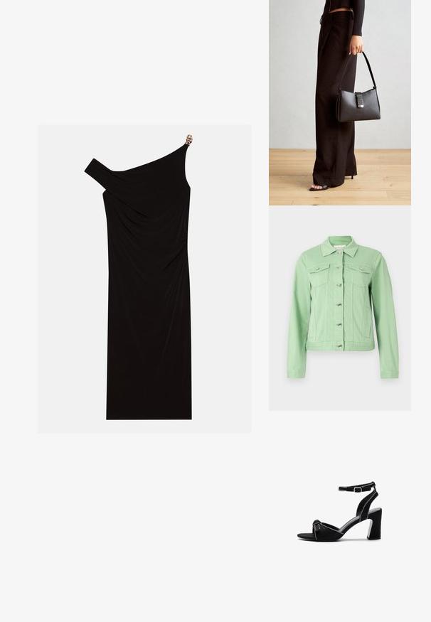 Šviesiai žalia džinsinė striukė su ilgomis rankovėmis, apykakle, priekiniais mygtukais ir dviem krūtinės kišenėmis. Lygus paviršius su sidabro tono detalėmis.; Juoda su viena petnešėle suknelė, pagaminta iš drapiruoto audinio, su aukso akcentu ant peties, lygia tekstūra ir iki kelių ilgio.; Juodos zomšos aukštakulniai sandalai su plačia blokine pakulne, reguliuojama kulkšnies juosta, atvira pirštų dalimi ir kontrastinga siuvimo detalėmis.; Juodas rankinė struktūrizuota forma, lygi tekstūra ir metalinis užsegimas. Suporuota su plačiomis juodomis kelnėmis ir atvirais bateliais ant medinių grindų.