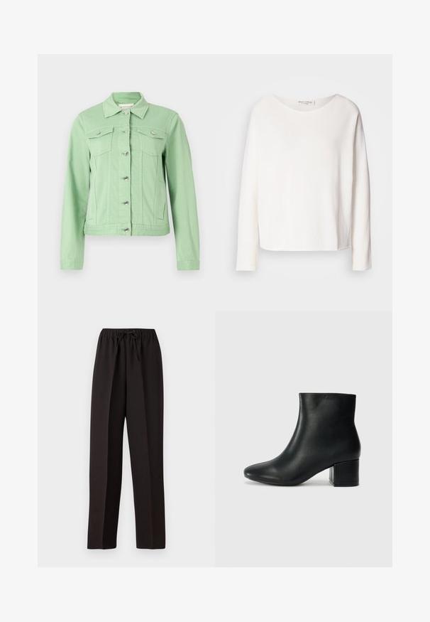 Világoszöld farmerdzseki hosszú ujjakkal, gallérral, elülső gombokkal és két mellzsebbel. Simás textúra ezüst színű fém kiegészítőkkel.; Hosszú ujjú, kerek nyakú felső puha, könnyű fehér anyagból, laza szabással. Tiszta szegéllyel és látható fémrész nélkül készült.; Fekete, bő szárú nadrág elasztikus derékkal és állítható zsinórral. Simává, könnyű anyagból készült, melyen nincsenek látható minták.; Fekete bőr bokacsizma hegyes orral és vastag sarokkal. Sima felület minimális díszítéssel és karcsú, passzos kialakítással.