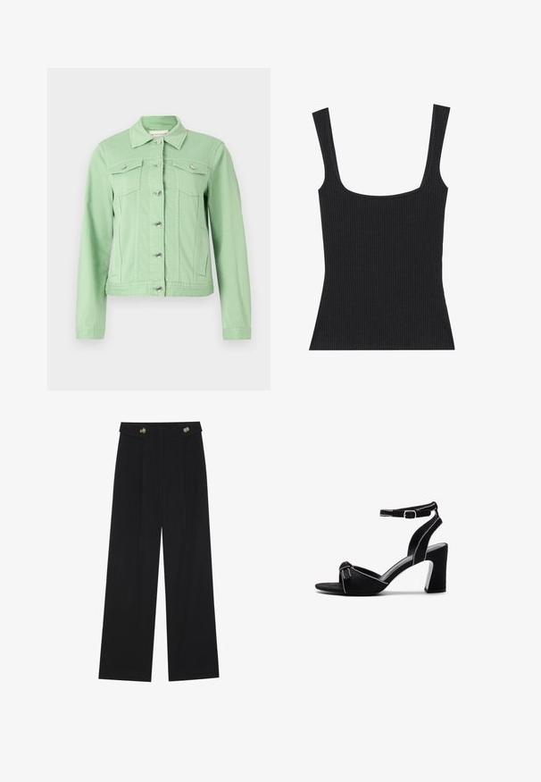 Hellgrüne Jeansjacke mit langen Ärmeln, Kragen, Vorderknöpfen und zwei Brusttaschen. Glatte Textur mit silberfarbenen Hardware-Details.; Schwarzes geripptes Tanktop mit quadratischem Ausschnitt und schmalen, verstellbaren Trägern. Der Stoff hat ein strukturiertes Muster und eine figurbetonte Passform.; Schwarze weite Hosen mit hoher Taille, Knopfdetails am Bund und vorderen Falten.; Schwarze Wildleder-Pumps mit einem breiten Blockabsatz, verstellbarem Knöchelriemen, Offene Zehen-Design und kontrastierenden gesteppten Details.
