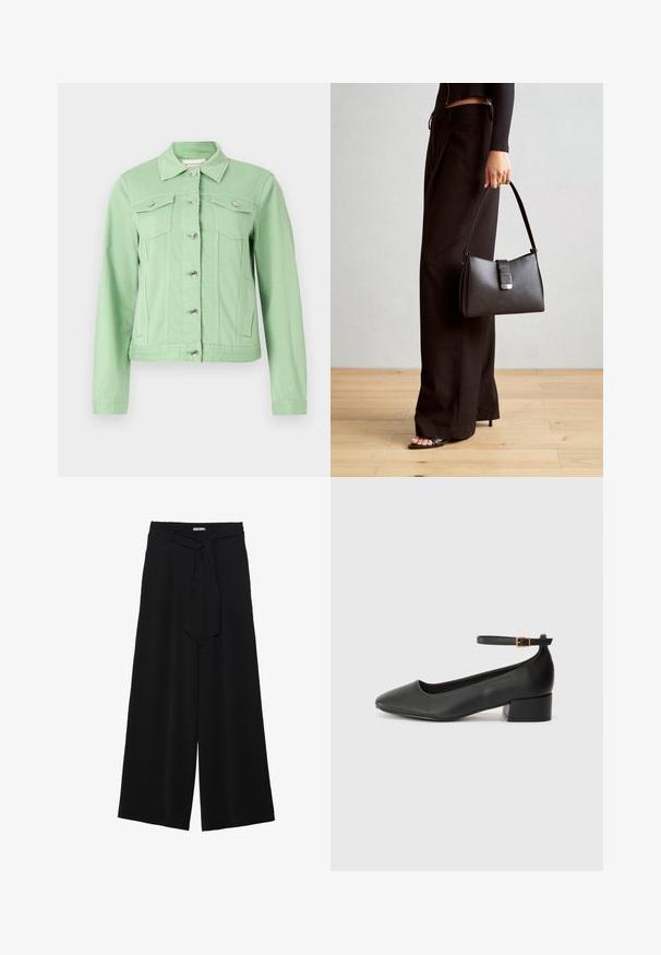 Svijetlozeleni traper jakna s dugim rukavima, ovratnikom, prednjim gumbima i dva džepa na prsima. Glatka tekstura s detaljima od srebrne boje.; Majice s dugim rukavima u bijeloj, burgundijskoj i crnoj boji. Izrađene od mekog materijala, s okruglim izrezom i prilagođenim krojem. Pogodne za slojevito odijevanje.; Crne široke hlače od teksturirane tkanine, s elastičnom pojasom i odvojivim remenom na struku za prilagodivo pristajanje.; Crne kožne pumpe s oštrim vrhom i niskom blok petom. Sadrže remen oko gležnja s zlatnim kopčanjem. Glatka tekstura.; Crna torba s oblikom koji sadrži strukturu, glađu teksturu i metalnu kopču. Uparena s širokim crnim hlačama i sandalama na otvorenom s drvenog poda.