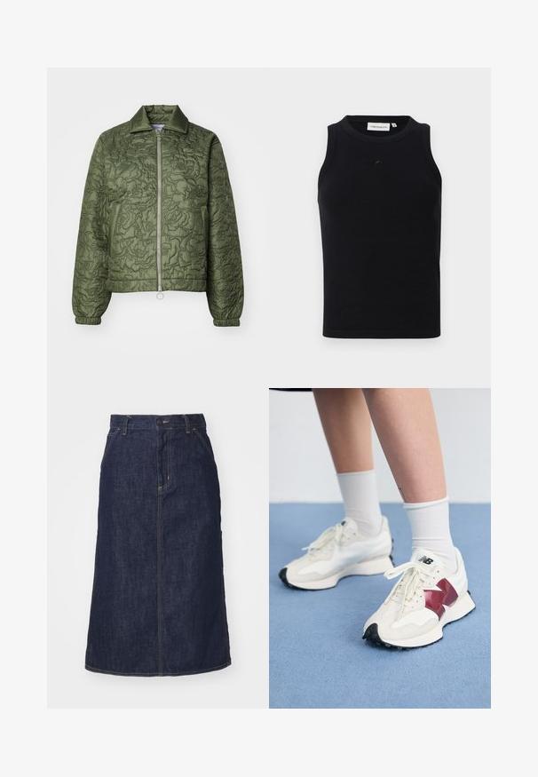 Vaatelädd i olivgrön med ståkrage, framzipper och elastiska ärmslut. Har en texturerad blomsterdesign och en rund dragkedjeavdragare.; Mustapaitainen hihaton toppi, joka on valmistettu ribbikankaasta, jossa on pyöreä kaula-aukko ja pieni logo edessä. Yksinkertainen, vartalonmyötäinen muotoilu.; Tummansininen farkkuhame, jossa on korkea vyötärö, suora leikkaus, etutaskut ja ommellut saumat. Hameessa on vetoketju- ja nappikiinnitys vyötäröllä.; Pari valkoisia tennareita, joissa on maroon-väriset yksityiskohdat, teksturoituja paneleita, litteä musta pohja ja vaaleat nauhat, käytettyinä valkoisten nilkkasukkien kanssa.