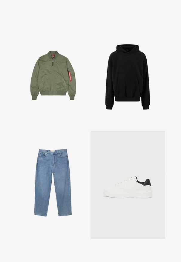 Olíva zöld bomber dzseki, nylon anyagból, cipzáros elülső rész, bordázott mandzsetták és alsó szegély, oldalsó zsebek, piros címke részlet a bal ujján.; Fekete kapucnis pulóver texturált anyagból, elöl kenguruzsebbekkel, bordás mandzsettákkal és aljúval. Egyszerű, laza dizájn.; Világoskék farmernadrág, egyenes szárú fazonnal, öt zsebes kialakítással és látható márkás címkével a derekán.; Fehér bőr sportcipő, dombornyomott mintával, texturált fehér középtalppal és fekete sarokbetéttel. Kerek orrú és lapos fűzőkkel rendelkezik.