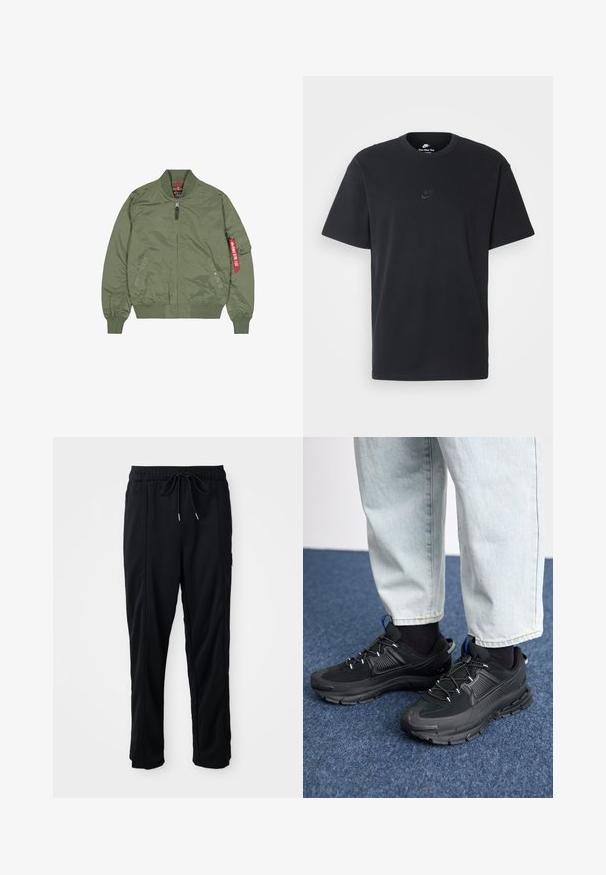 Olijfgroene bomberjack, nylon materiaal, ritssluiting aan de voorkant, ribgebreide manchetten en zoom, zijzakken, met een rode labeldetail op de linkermouw.; Zwarte katoenen t-shirt van Nike met een klassieke ronde hals, korte mouwen en een subtiele, reliëflogo op de borst. Gladde textuur.; Zwarte casual broek met koord in de taille, met zijzakken en rechte pijpen op een effen achtergrond.; Zwarte sportschoenen met gestructureerde stof en rubberen zolen, met elastische veters en een blauwe accent op de hiel. Draag samen met lichte spijkerbroeken.
