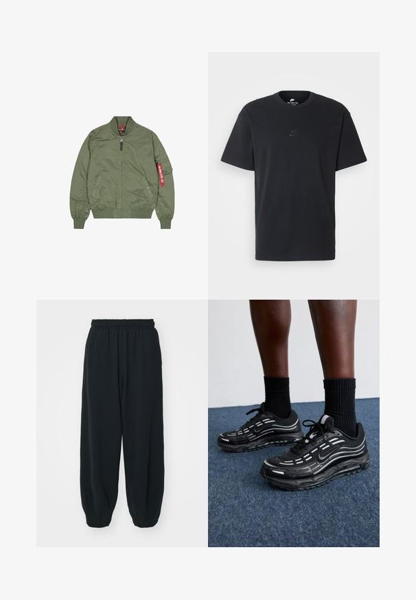 Jachetă bomber verde măsliniu, material din nylon, cu fermoar frontale, manșete și tiv ribbate, buzunare laterale, cu detaliu roșu pe mâneca stângă.; Tricou din bumbac negru Nike, cu guler rotund clasic, mâneci scurte și un logo subtil embosat pe piept. Textură netedă.; Pantaloni de trening negri, cu talie elastică, cu o croială lejeră, la baza pantaloni fiind strânși, având o textură netedă și fără modele sau accente metalice vizibile.; Pantofii negri Nike au un superior din plasă cu dungi accentuate, șireturi texturate și o talpă din cauciuc negru. Purtați cu șosete negre cu model rib.